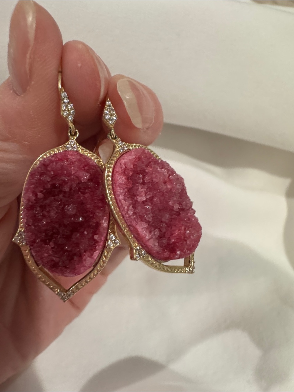 Stella & Dot- Pink Druzy Drop Earrings in Gold Setting